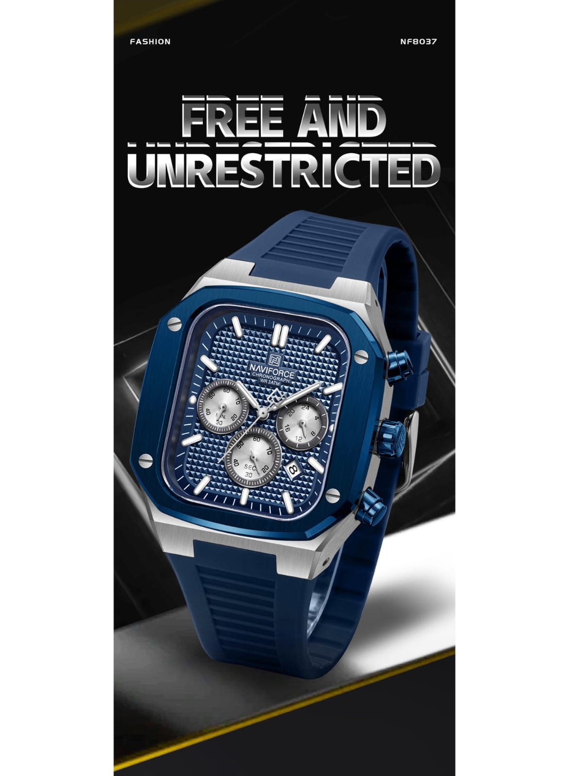 NAVIFORCE NF8037 Men's Chronograph Watch with Blue Silicone Strap, 30M Water Resistant