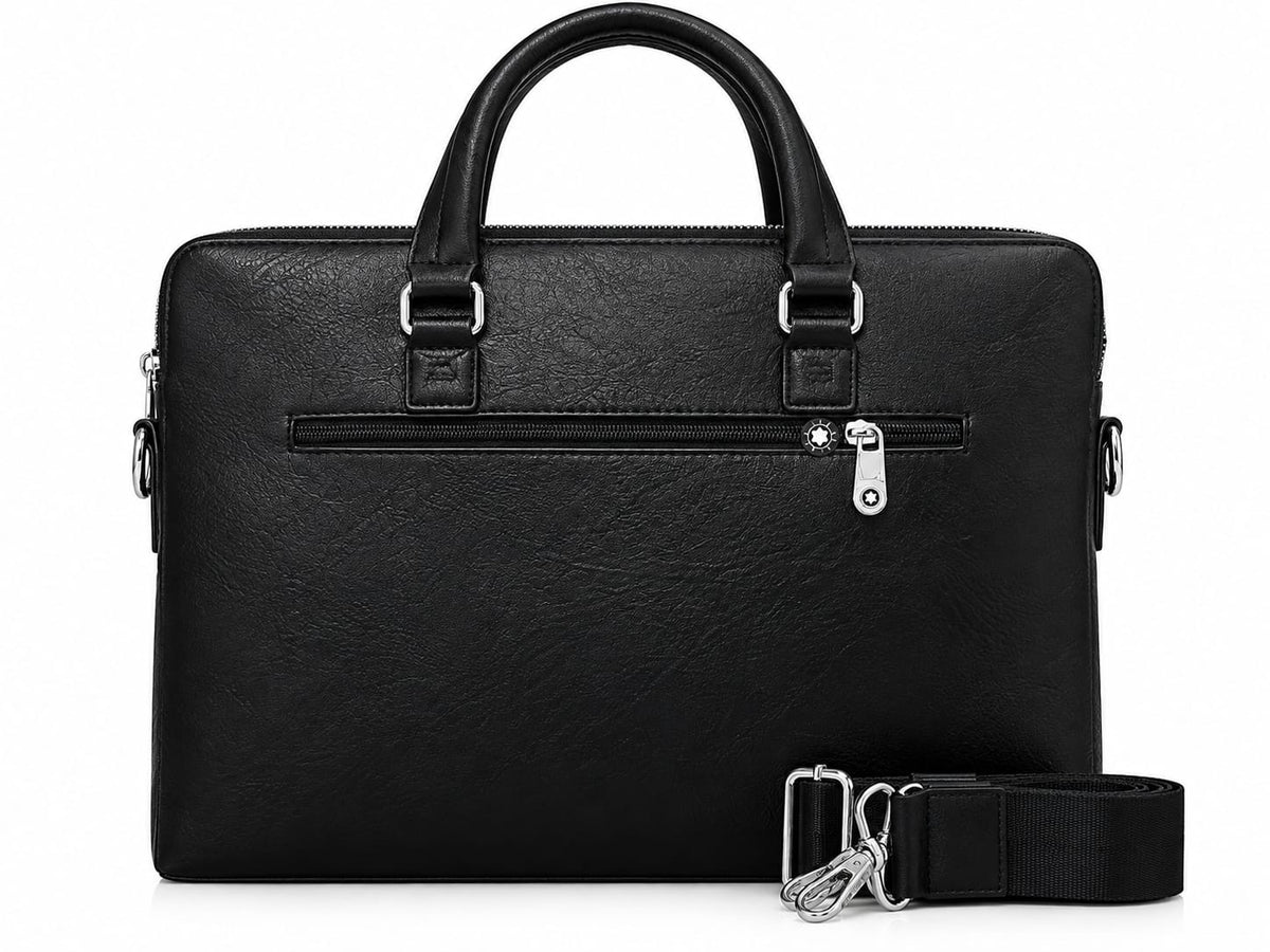 Montblanc Black Laptop Briefcase, Premium Leather Business Bag with Shoulder Strap#0002