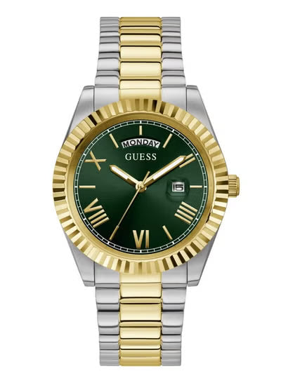 Guess Connoisseur Men’s Day-Date Watch GW0265G8 – 42mm Two-Tone Stainless Steel, Green Sunray Dial, Quartz Movement