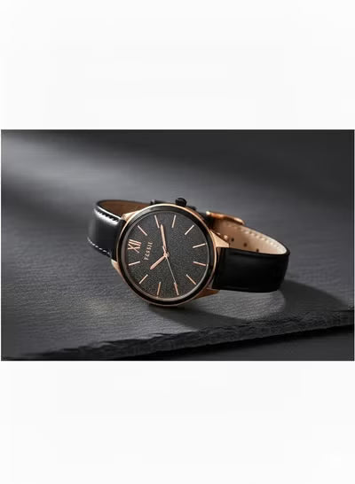 Women’s Leather Strap Watch – BQ33177 Fossil Rose Gold Case with Black Glitter Dial