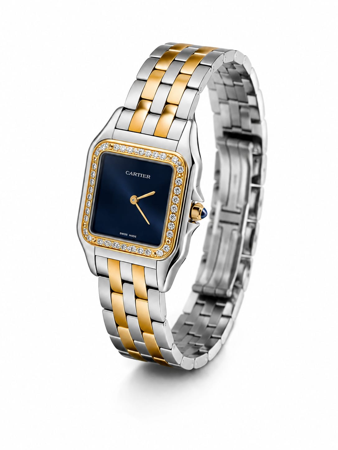 Cartier Panthère-Inspired Women’s Two-Tone Gold & Silver Square Watch with Sparkling Rhinestone-Set Bezel & Navy Blue Dial Dimensions: 36.5 × 26.7 mm(Medium Case)