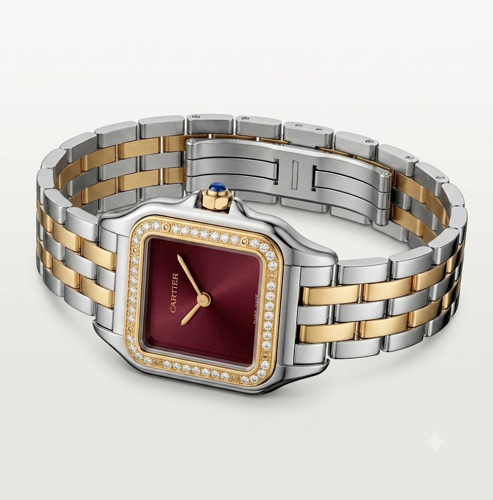 Cartier Panthère Two-Tone Diamond Watch for Men – Burgundy Dial & Stainless Steel Bracelet