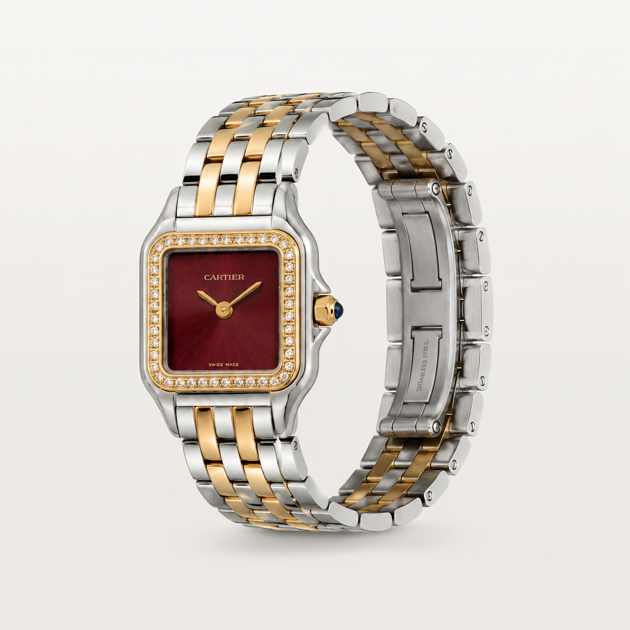 Cartier Panthère Two-Tone Diamond Watch for Men – Burgundy Dial & Stainless Steel Bracelet