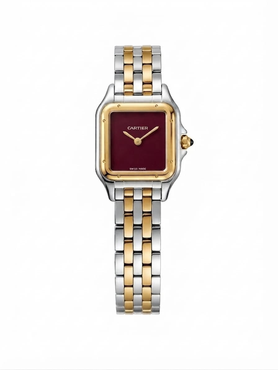 Cartier Panthère-Inspired Women’s Two-Tone Silver & Gold Square Watch with Burgundy Dial (Small Case) Dimensions: 25.1 × 18.5 mm