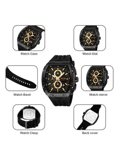SKMEI 2363 Men’s Analog Quartz Watch – Black & Gold Dial with Silicone Strap | 48mm Waterproof Sport Wristwatch