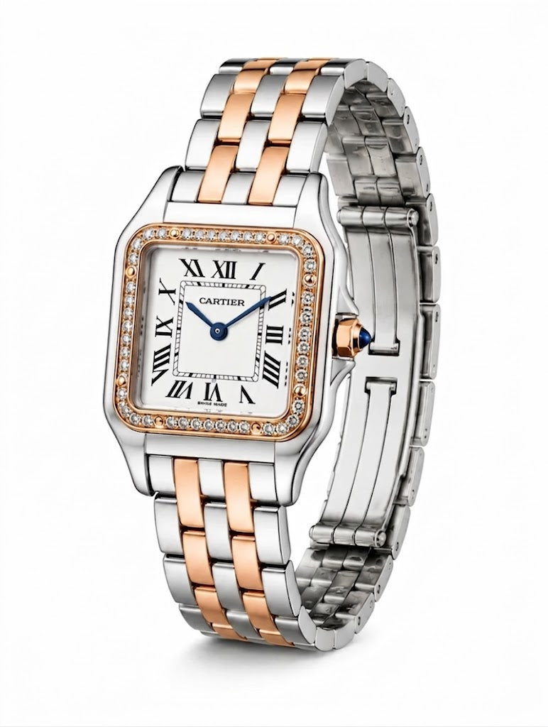 Cartier Women's Medium Square Two-Tone Stainless Steel Watch with White Dial (Rose Gold Accents) Dimensions: 36.5 × 26.7 mm