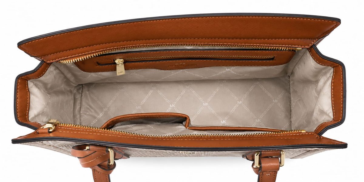 Women’s Monogram Tote Handbag with Detachable Shoulder Strap – Beige & Brown#0049