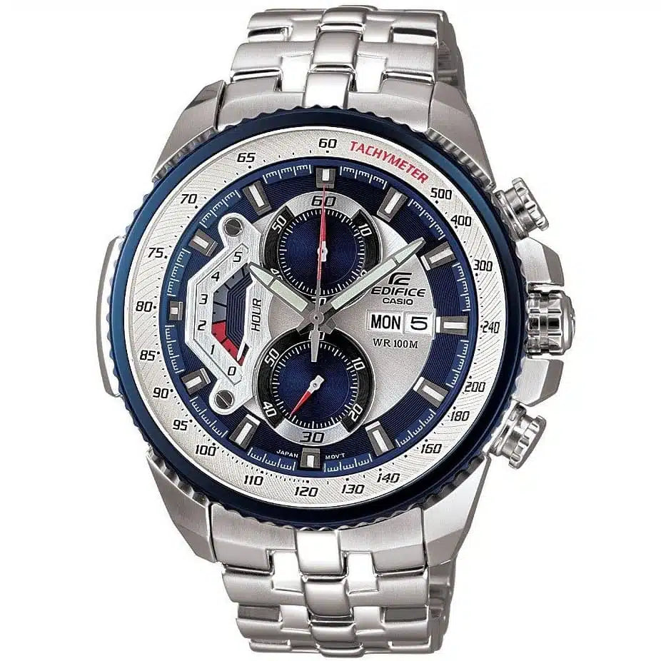 Casio Edifice EF-558D-2AV Chronograph Watch for Men – Blue Dial, Silver Stainless Steel Strap