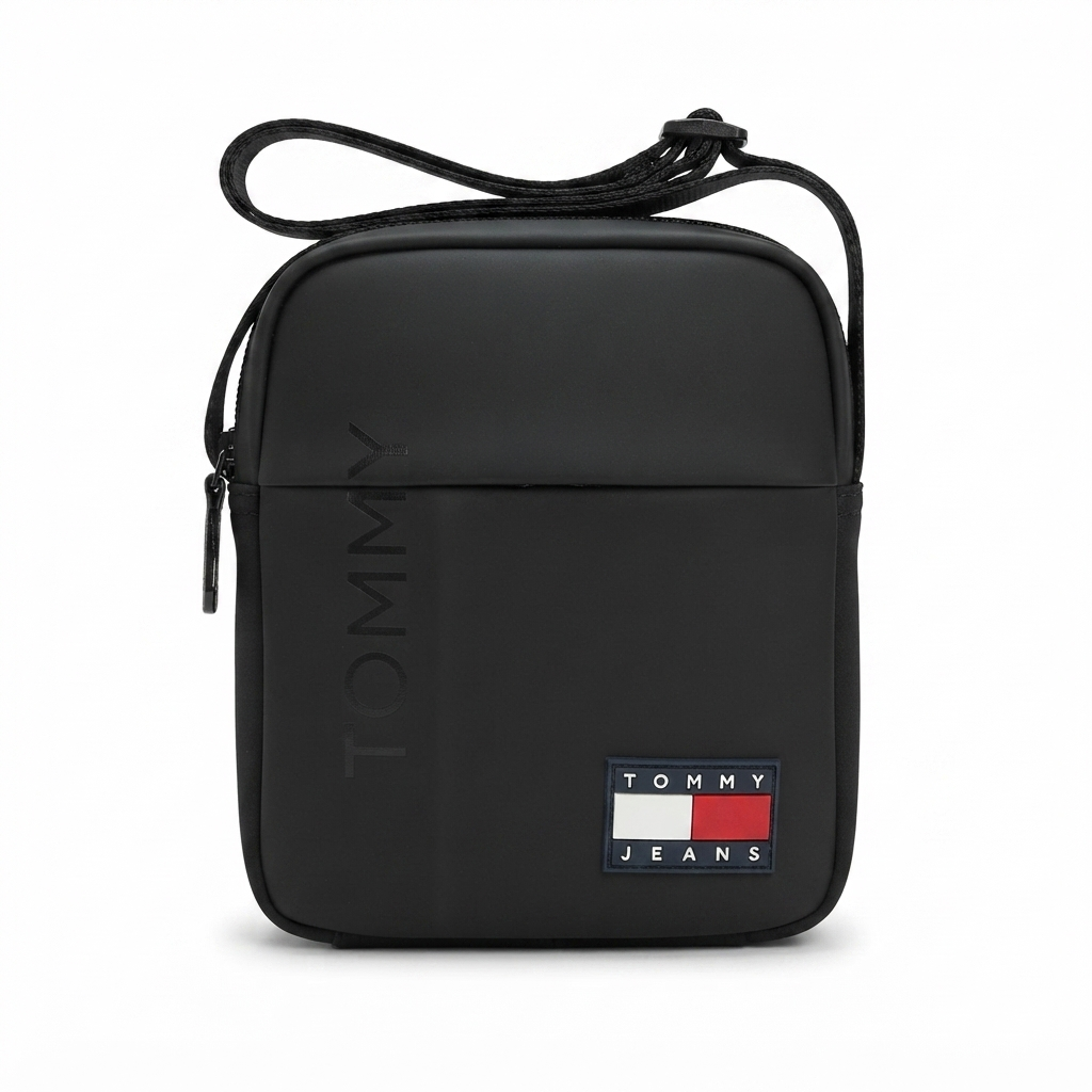 Tommy Jeans Men's Black Crossover Bag with Front Zip and Logo Patch #0080