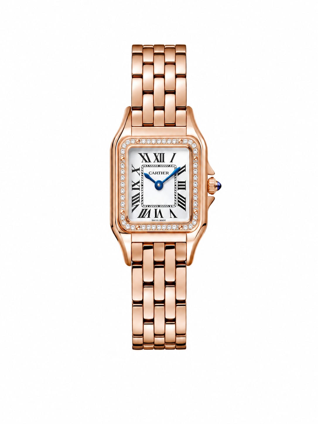 Cartier Panthère-Inspired Women’s Rose Gold-Tone Square Watch with Rhinestone-Set Bezel & White Dial (Small Case) Dimensions: 25.1 × 18.5 mm)