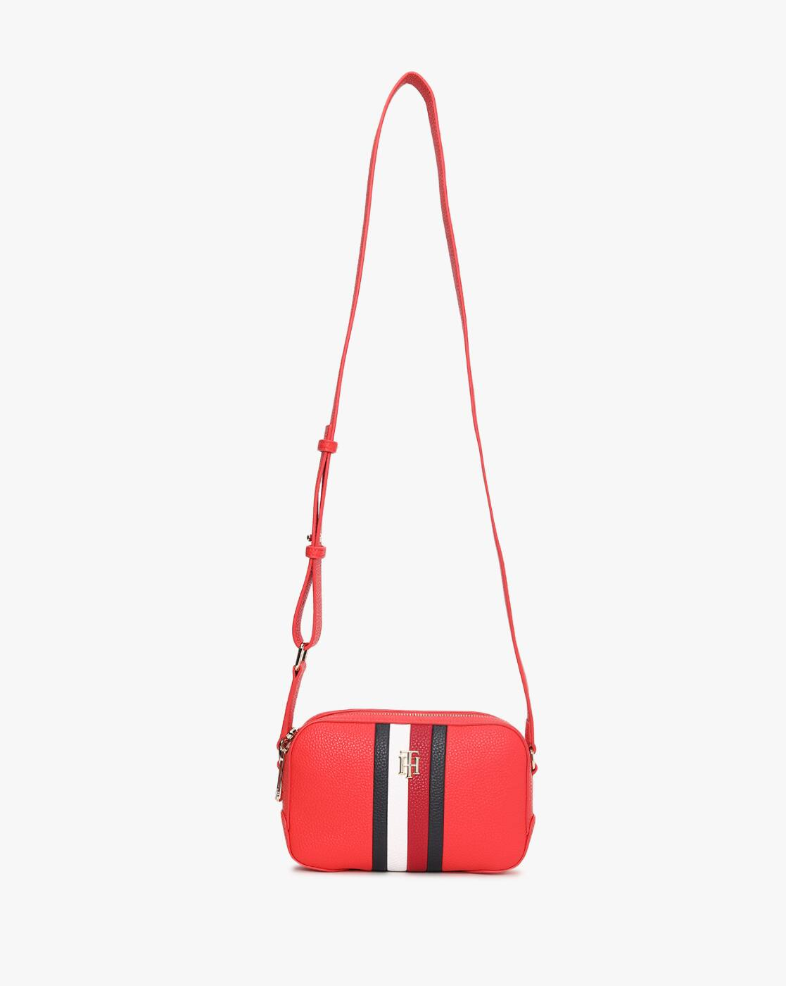 Tommy Hilfiger Striped Sling Bag – Red Faux Leather Crossbody #18