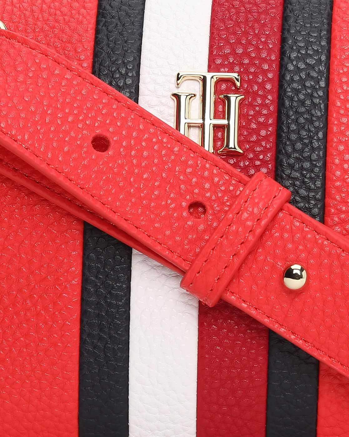 Tommy Hilfiger Striped Sling Bag – Red Faux Leather Crossbody