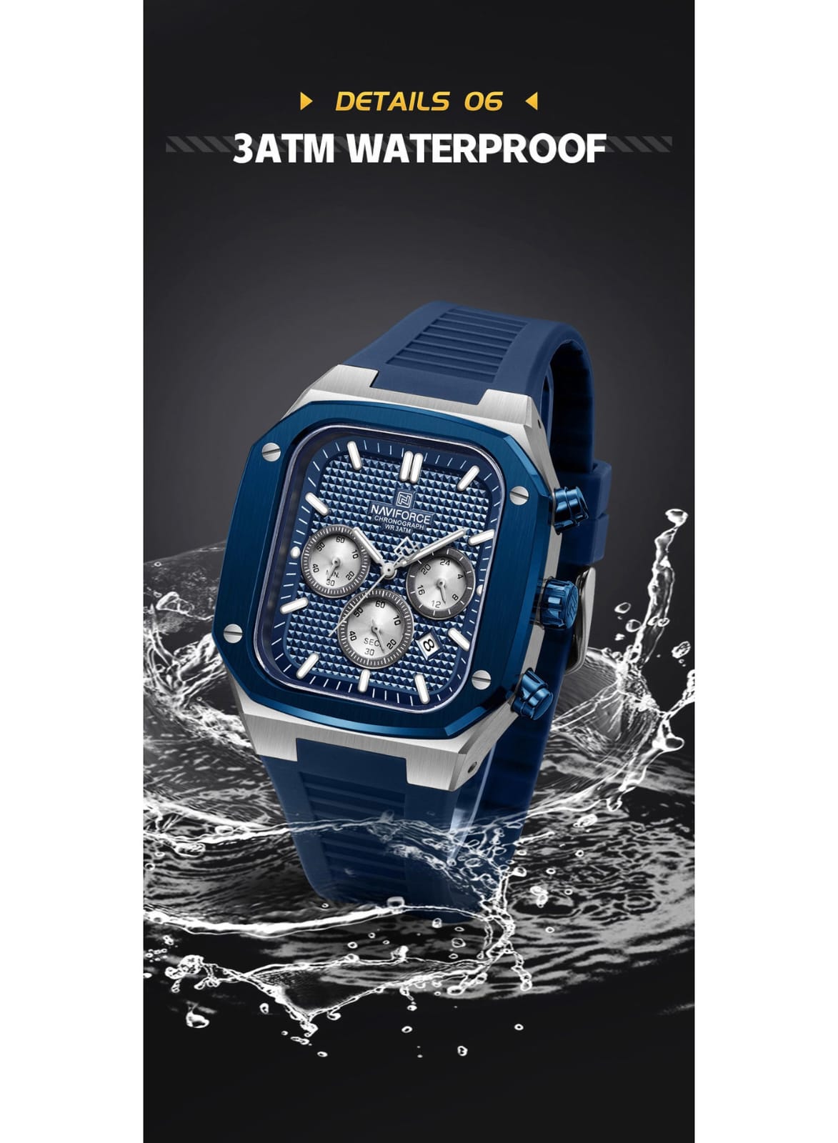 NAVIFORCE NF8037 Men's Chronograph Watch with Blue Silicone Strap, 30M Water Resistant
