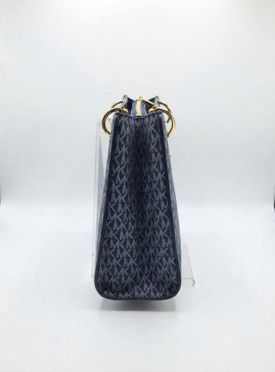 Michael Kors Monogram Tote Bag with Chain Straps and Gold Accents, Blue#0056