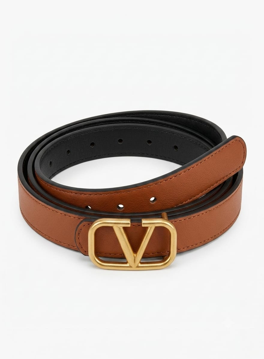 VALENTINO Women's Reversible Premium Leather Belt with Gold VLogo Buckle – Brown / Black#01