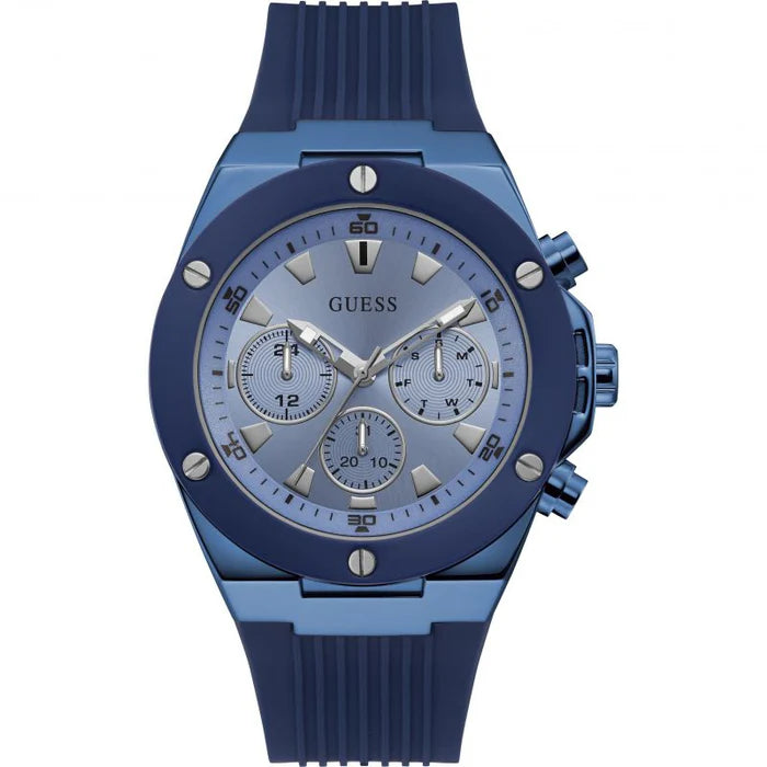 GUESS Men’s Analog Watch GW0057G3 – Blue Dial, Blue Silicone Strap, Day & Date Display, Quartz Movement