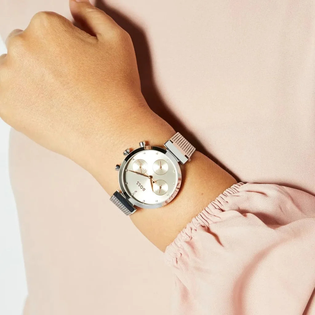 Hugo Boss Women’s Watch – Model 1502625 | Elegant Flawless Design with Rose Gold Dial & Silver Stainless-Steel Bracelet