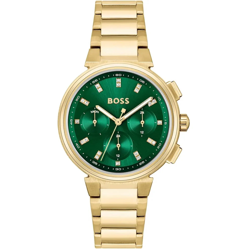 HUGO BOSS One Women’s Gold Stainless Steel Watch – Green Dial with Monthly Date | 38mm Elegant Design | Model 1502679