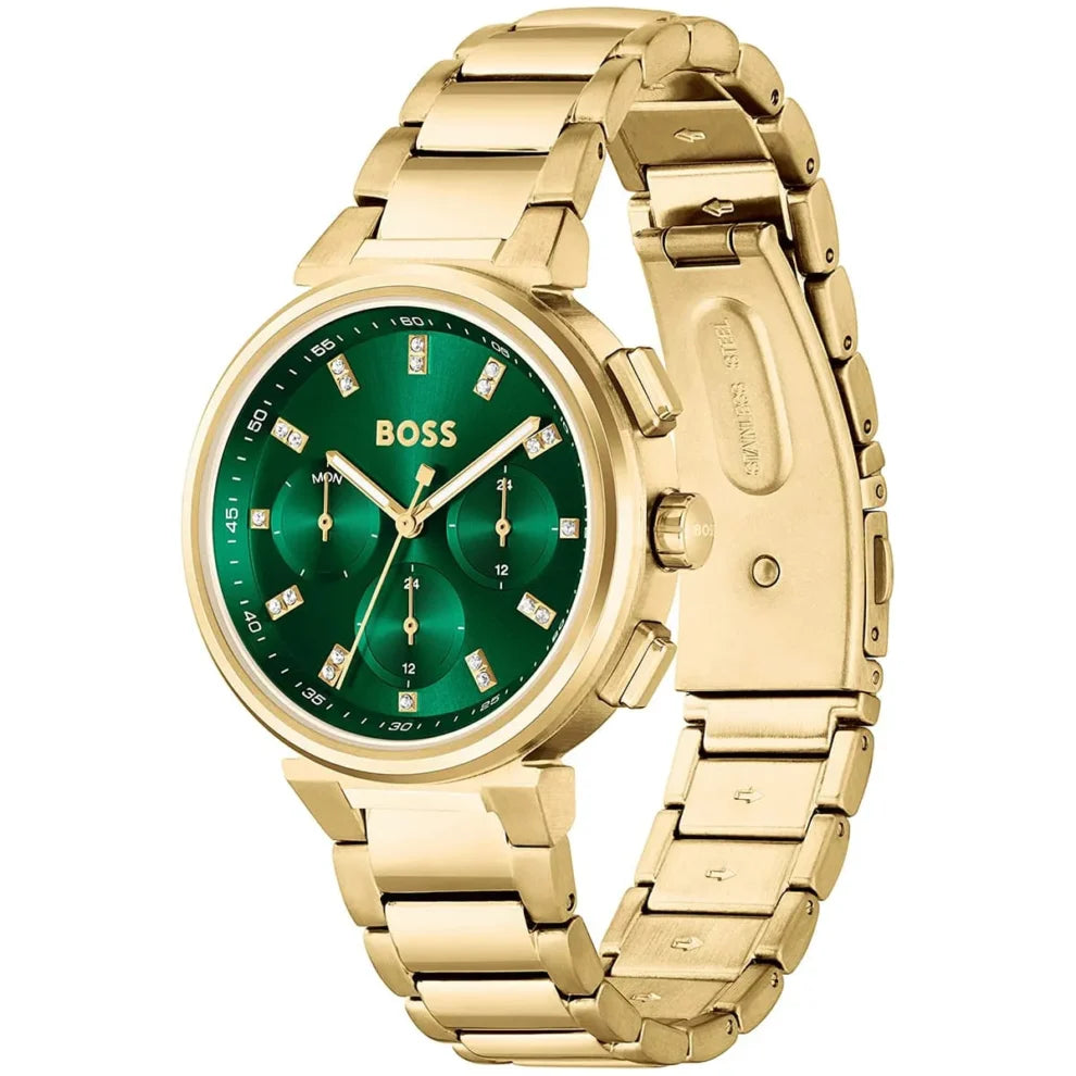 HUGO BOSS One Women’s Gold Stainless Steel Watch – Green Dial with Monthly Date | 38mm Elegant Design | Model 1502679