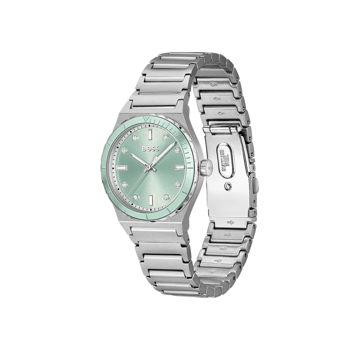 HUGO BOSS Candor Sport Women’s Watch – Silver Stainless Steel with Green Dial & Crystal Details | Model 1502787