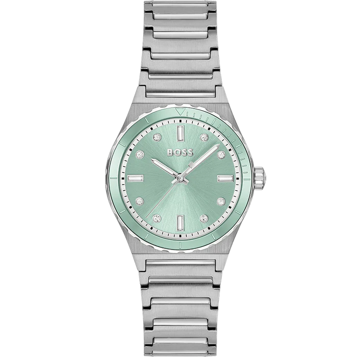 HUGO BOSS Candor Sport Women’s Watch – Silver Stainless Steel with Green Dial & Crystal Details | Model 1502787