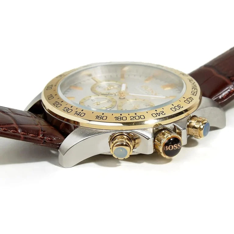 Hugo Boss Ikon 1513174 Men’s Watch – Silver Dial, Brown Leather Strap, Quartz Chronograph, 44mm, 100M Water Resistant