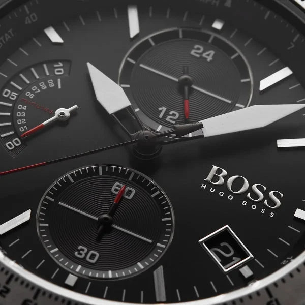 Hugo Boss Men’s Pilot Edition Chrono Watch 1513853 – Black Dial with Black Leather Strap