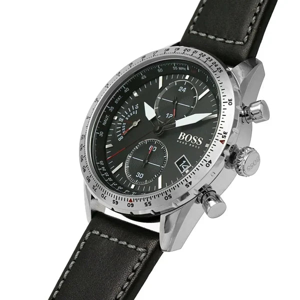 Hugo Boss Men’s Pilot Edition Chrono Watch 1513853 – Black Dial with Black Leather Strap