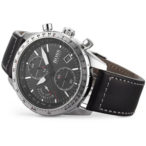 Hugo Boss Men’s Pilot Edition Chrono Watch 1513853 – Black Dial with Black Leather Strap