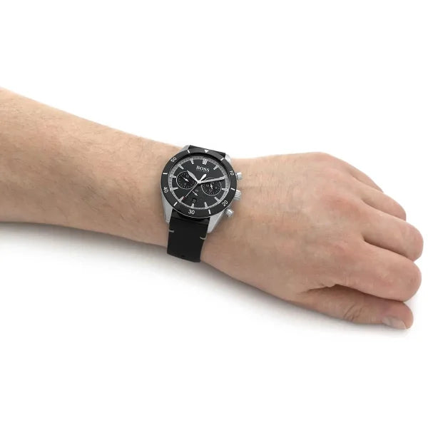 Hugo Boss Men’s Santiago 1513864 Black Dial Chronograph Watch – Leather Strap, 44mm