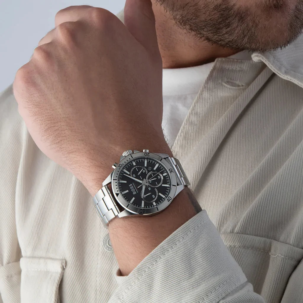 Hugo Boss Troper 1514057 Men’s Quartz Watch – Black Dial Silver Stainless Steel Bracelet