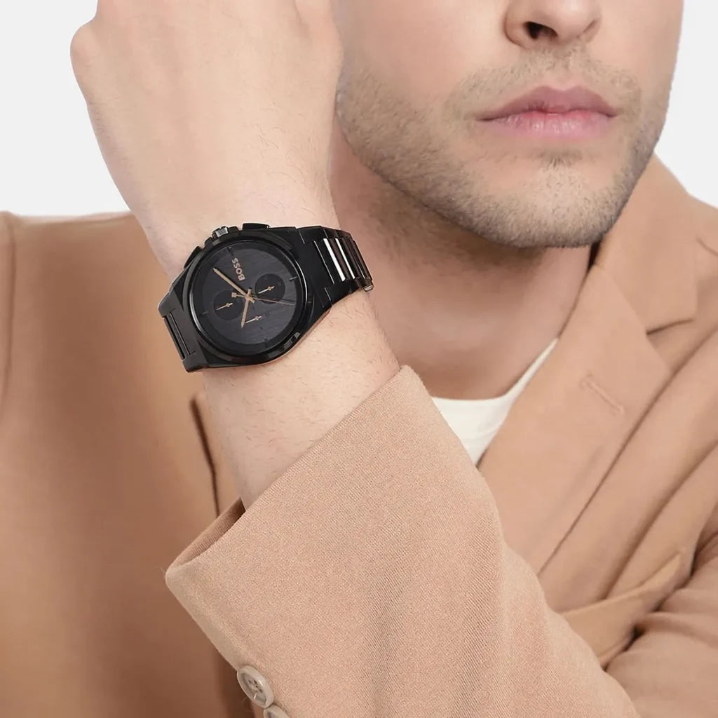 Hugo Boss Steer 1514068 Men’s Quartz Watch – Black Dial Black Stainless Steel Bracelet