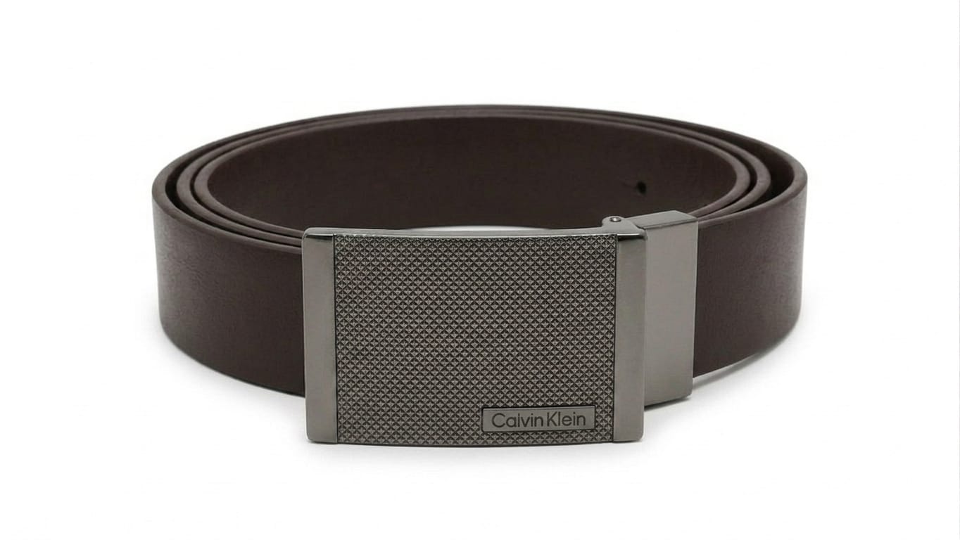 Calvin Klein Men's Reversible Belt – Black & Dark Brown Leather with Geometric Gunmetal Buckle#024