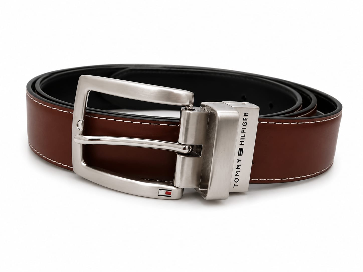 Tommy Hilfiger Men's Reversible Leather Belt – Black & Brown with Silver-Tone Buckle#07