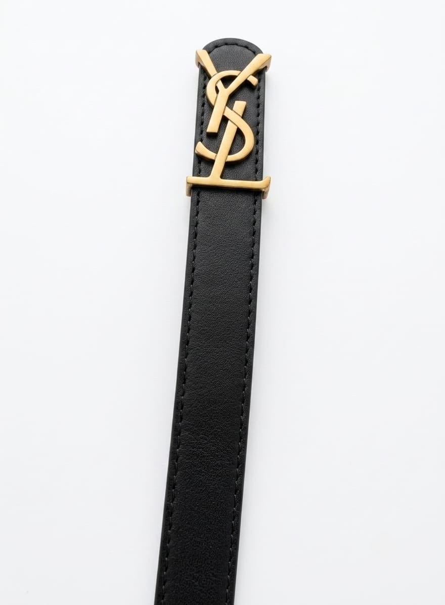 Yves Saint Laurent (YSL) Women's Belt – Black Leather with Gold YSL Monogram Buckle#02