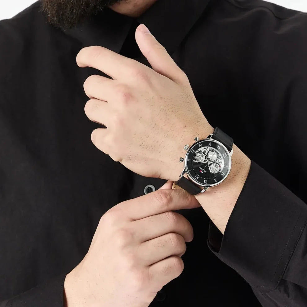Men’s Watch – Tommy Hilfiger Legend 1710565, Black Dial with Genuine Black Leather Strap