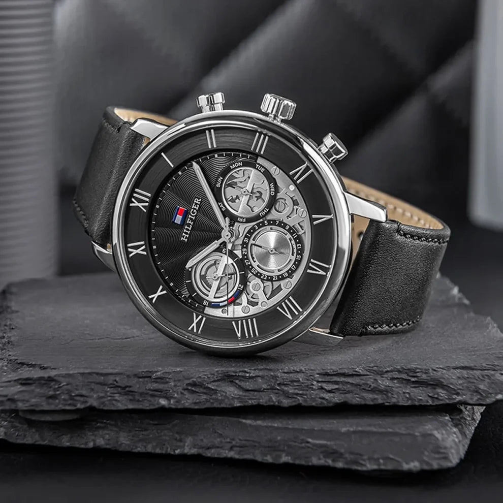 Men’s Watch – Tommy Hilfiger Legend 1710565, Black Dial with Genuine Black Leather Strap