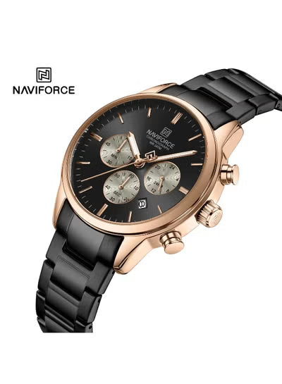Naviforce Men’s Watch NF8076-RG-B-B – Black Dial, Black Stainless Steel Strap, Quartz Chronograph, 42mm