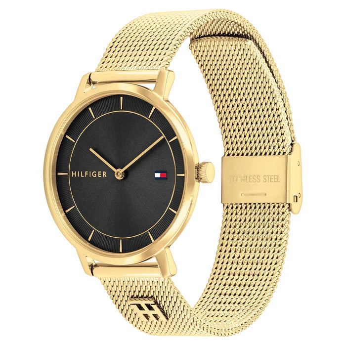 Tommy Hilfiger Women’s Gold Mesh Watch – Black Dial Elegant Slim Design | Model 1782739