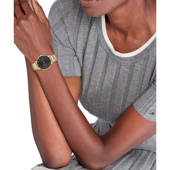 Tommy Hilfiger Women’s Gold Mesh Watch – Black Dial Elegant Slim Design | Model 1782739