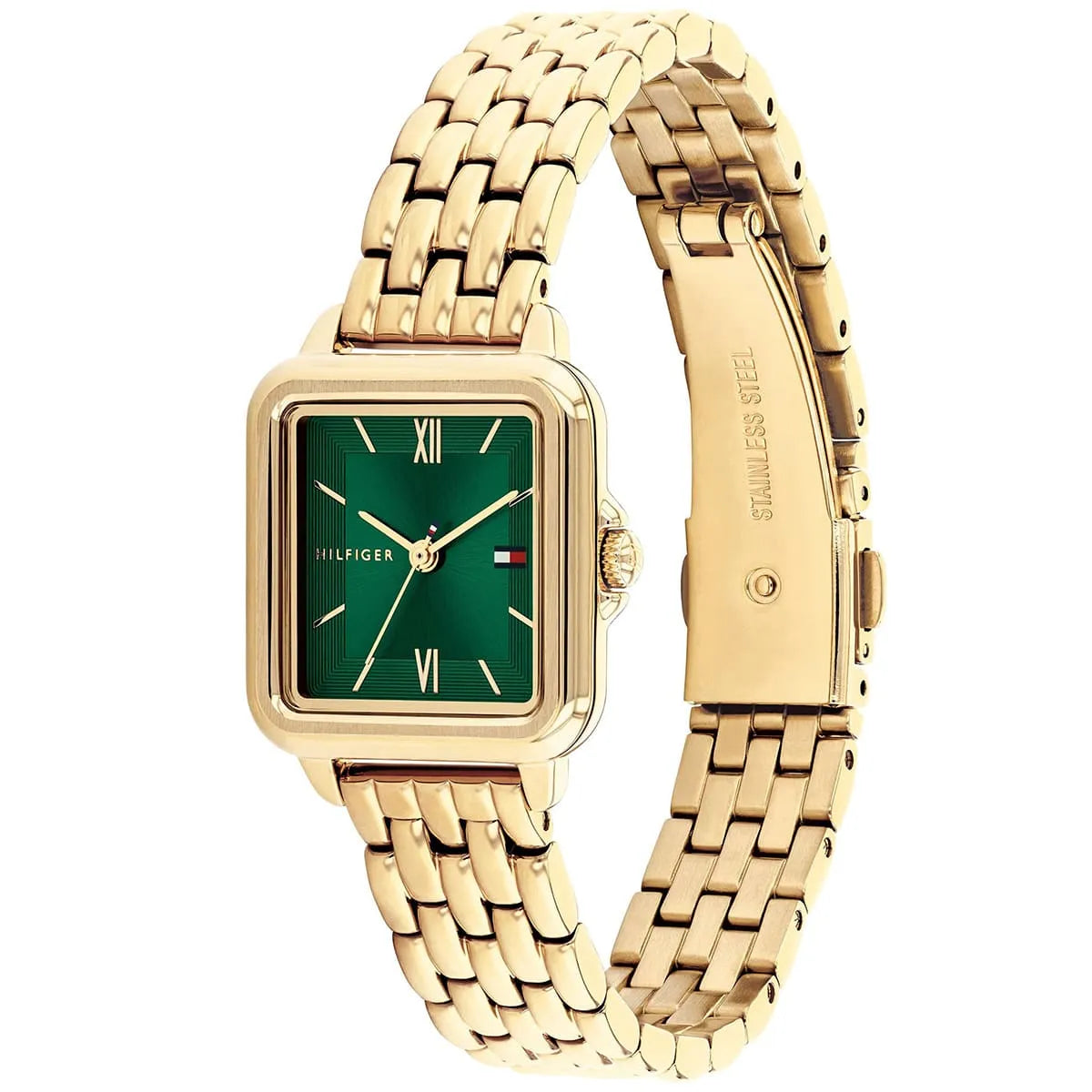 Tommy Hilfiger 1782858 Women’s Watch – Mia Gold Stainless Steel Square Design with Green Dial 24mm