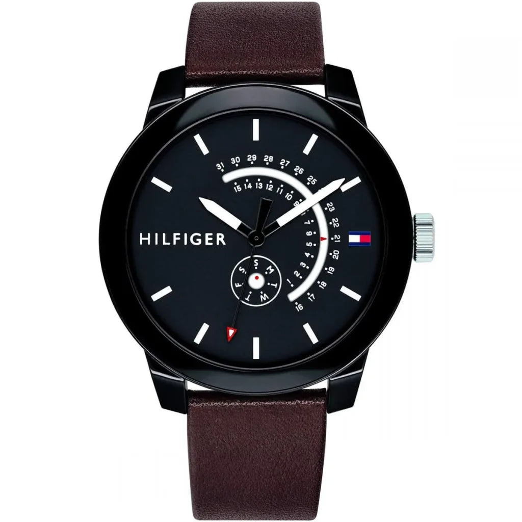 Tommy Hilfiger Denim Men’s Watch 1791478 – Black Dial, Brown Leather Strap, 44mm Quartz Analog