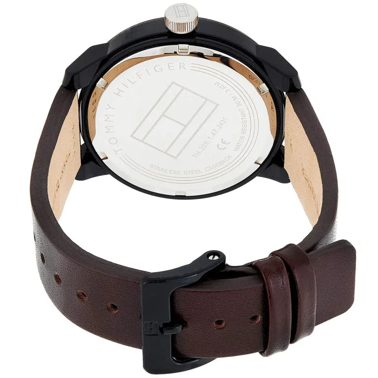 Tommy Hilfiger Denim Men’s Watch 1791478 – Black Dial, Brown Leather Strap, 44mm Quartz Analog