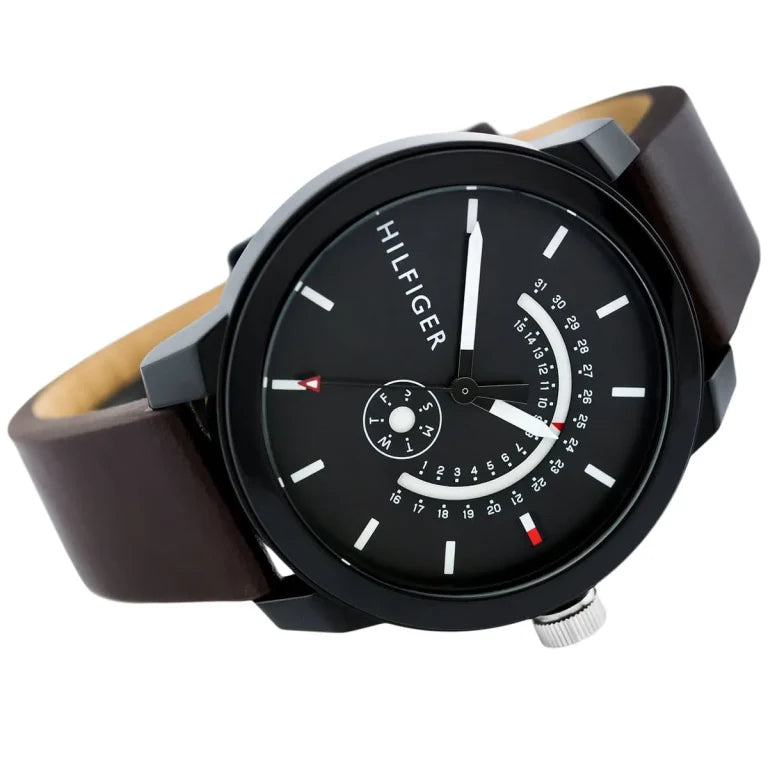 Tommy Hilfiger Denim Men’s Watch 1791478 – Black Dial, Brown Leather Strap, 44mm Quartz Analog