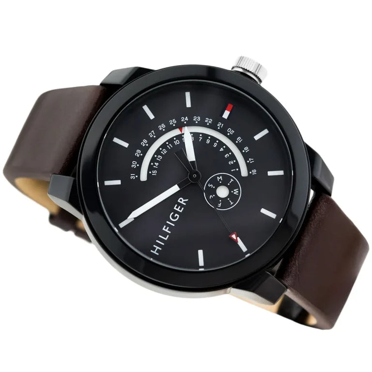 Tommy Hilfiger Denim Men’s Watch 1791478 – Black Dial, Brown Leather Strap, 44mm Quartz Analog