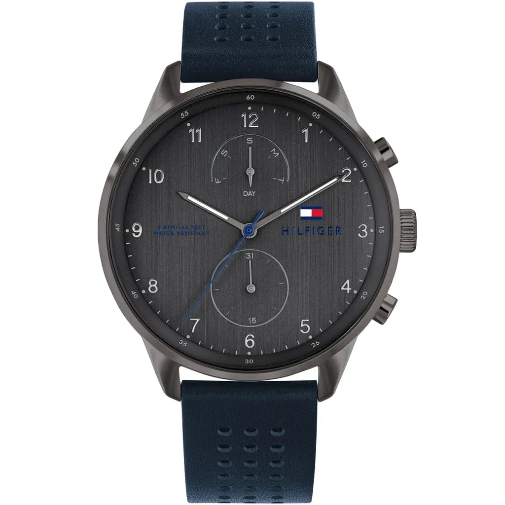 Tommy Hilfiger Chase Men’s Watch 1791578 – Gray Dial, Blue Genuine Leather Strap, Multifunction Quartz, 44mm