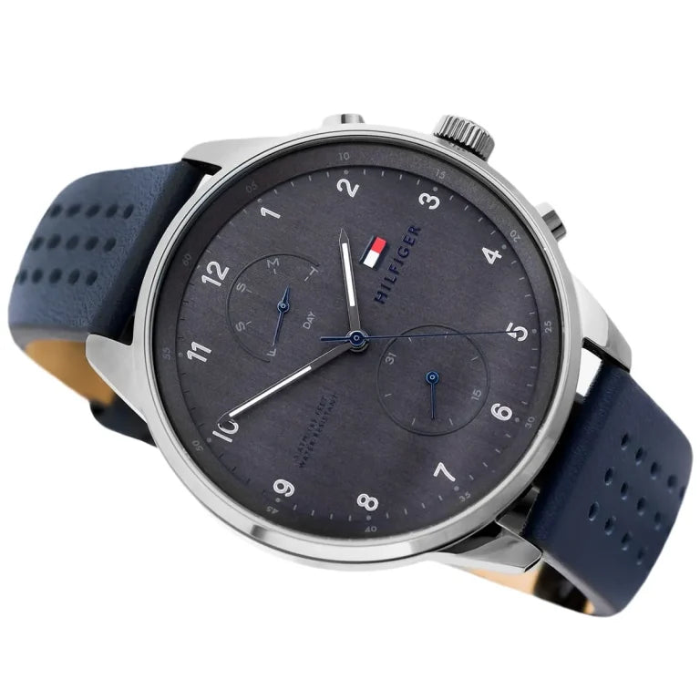 Tommy Hilfiger Chase Men’s Watch 1791578 – Gray Dial, Blue Genuine Leather Strap, Multifunction Quartz, 44mm