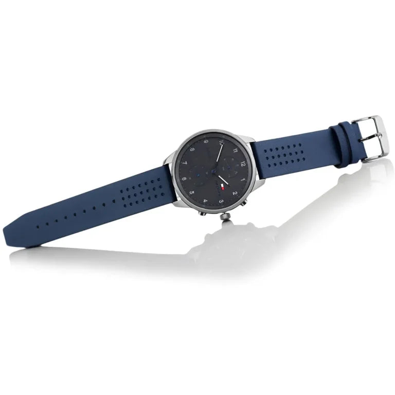 Tommy Hilfiger Chase Men’s Watch 1791578 – Gray Dial, Blue Genuine Leather Strap, Multifunction Quartz, 44mm