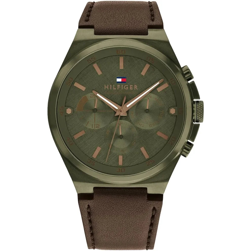 Tommy Hilfiger Dexter Men’s Watch 1792085 – Green Dial, Brown Leather Strap, 46mm Quartz Analog