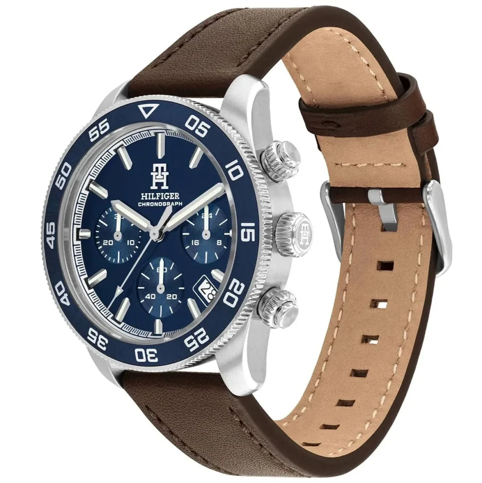 Tommy Hilfiger Men’s Watch 1792163 – Blue Dial, Brown Genuine Leather Strap, 41mm Round Case, Quartz Analog Date Watch
